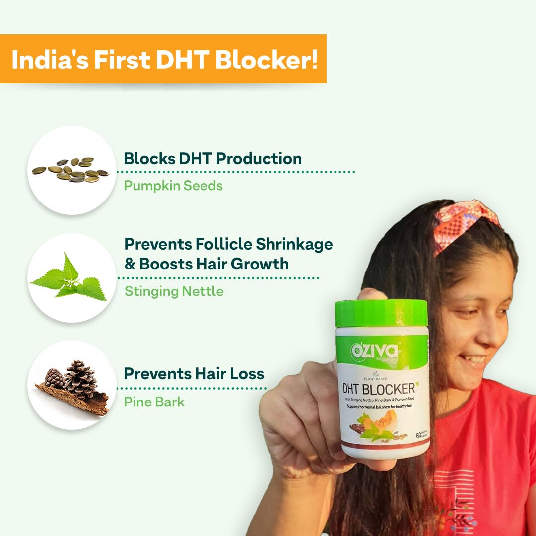 OZiva Plant Based DHT Blocker for Hair Fall Control & Hair Follicle Stimulation|100% Natural DHT Blocker Tablet with Stinging Nettle & Pine Bark|Certified Clean & Vegan|60 Capsules,Pack of 1,100 grams