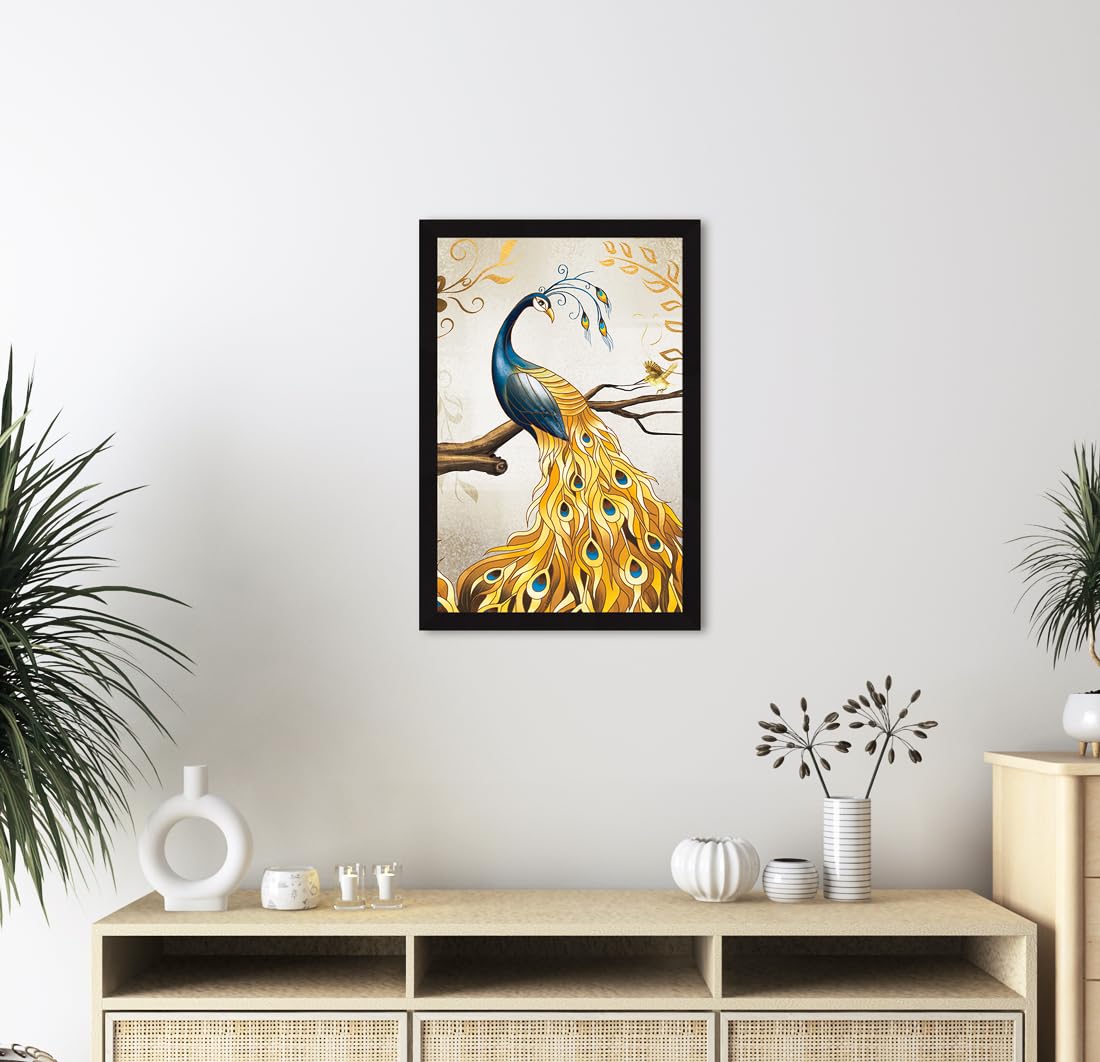 Peacock Painting For Wall Vastu with Frame for Home Decoration, Painting for Living Room, 12.0 X 18.0 inches, Set Of 1