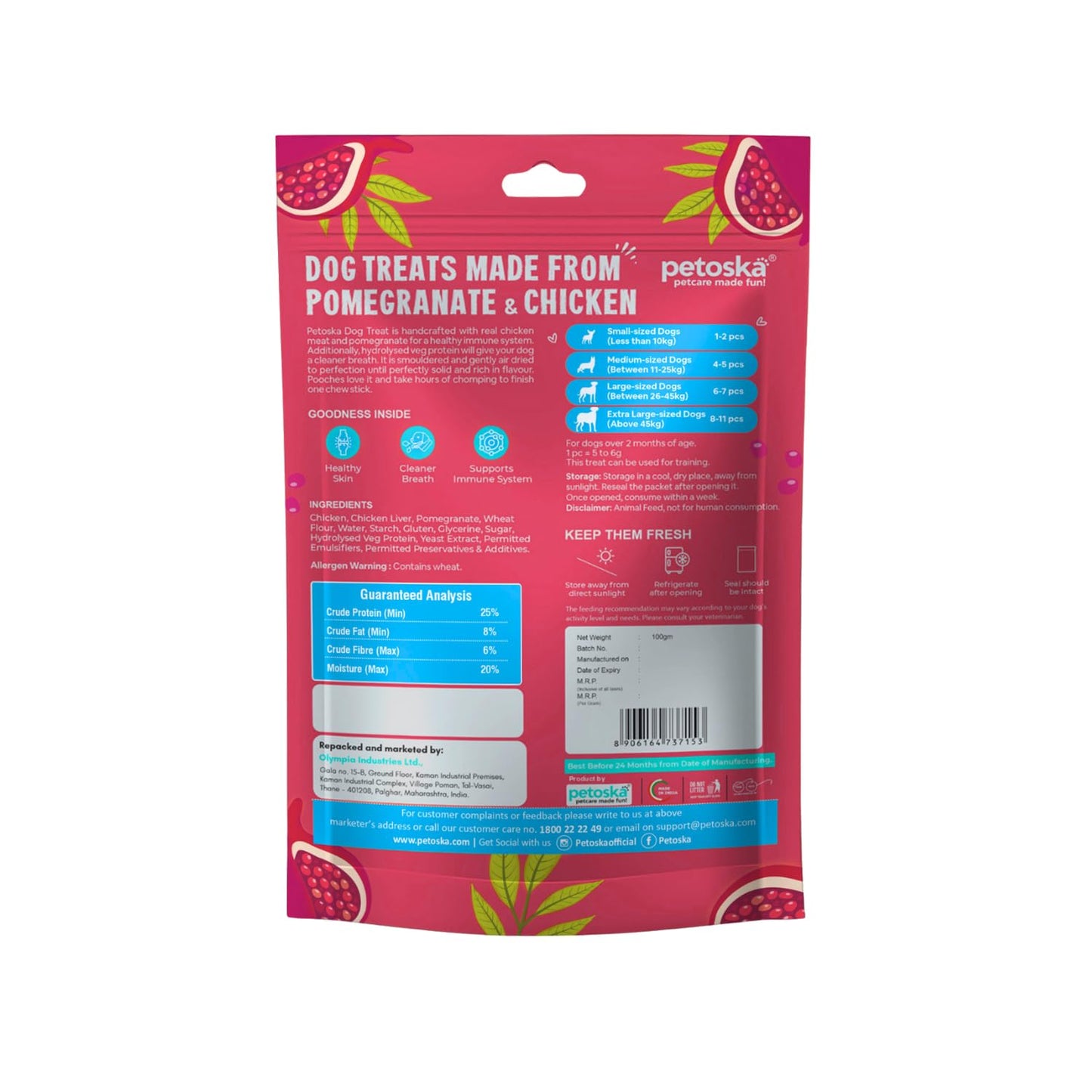 Petoska Chicken & Pomegranate Dog Treats – 100g Natural Chewy Sticks for Dogs, Immune Support, Cleaner Breath, Perfect Training Snack, All-Natural Chicken Jerky for Puppies & Adult Dogs