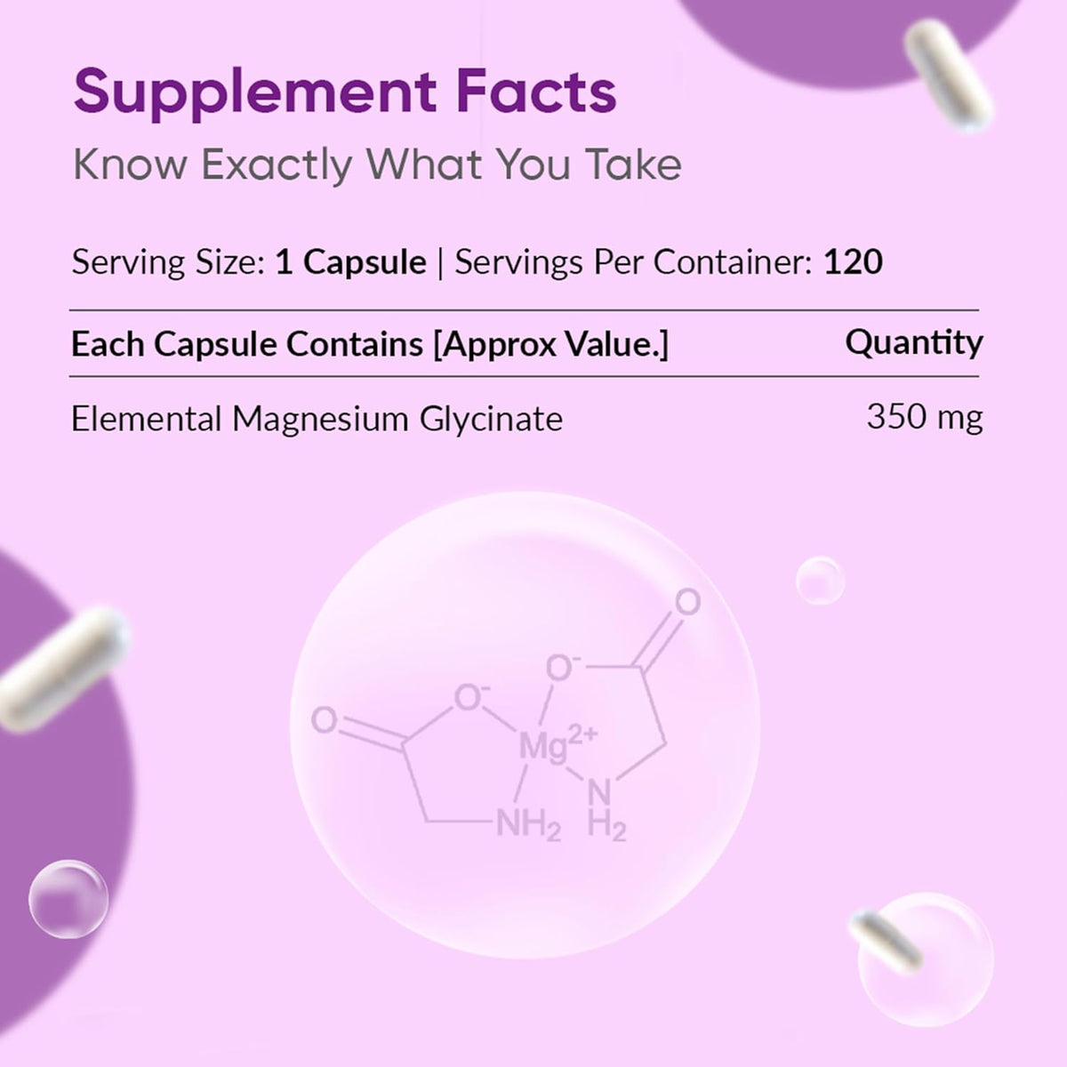 Supplement facts label for a capsule with magnesium glycinate on a purple background