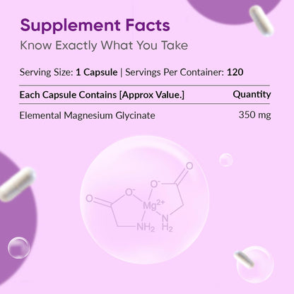 Supplement facts label for a capsule with magnesium glycinate on a purple background