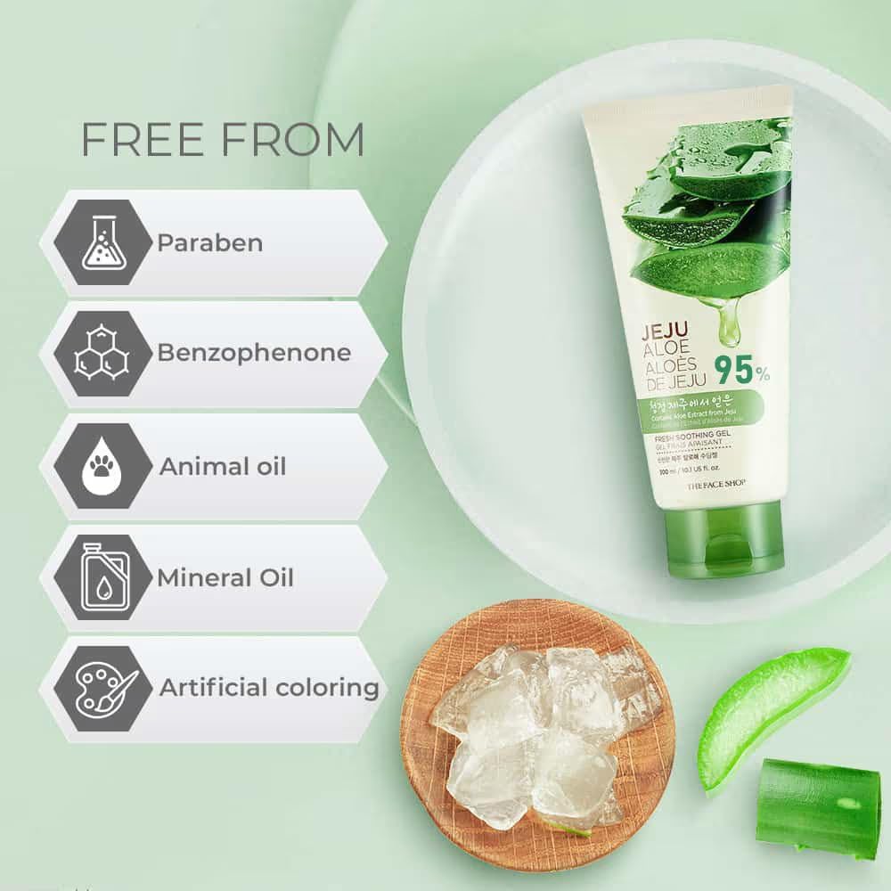 Aloe vera gel tube with aloe vera pieces and a green background, featuring 'free from' labels.
