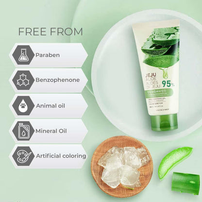 Aloe vera gel tube with aloe vera pieces and a green background, featuring 'free from' labels.