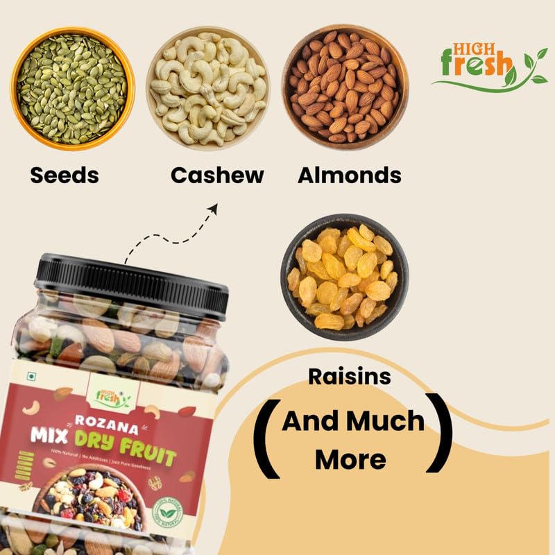 High Fresh Premium Mix Dry Fruits | Almonds, Cashews, Pistachios, Raisins, Apricots, Black Raisins & Dried Kiwi | Assorted Crunchy Trail Mix for Snacking & Gifting