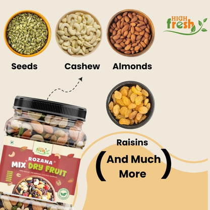 High Fresh Premium Mix Dry Fruits | Almonds, Cashews, Pistachios, Raisins, Apricots, Black Raisins & Dried Kiwi | Assorted Crunchy Trail Mix for Snacking & Gifting