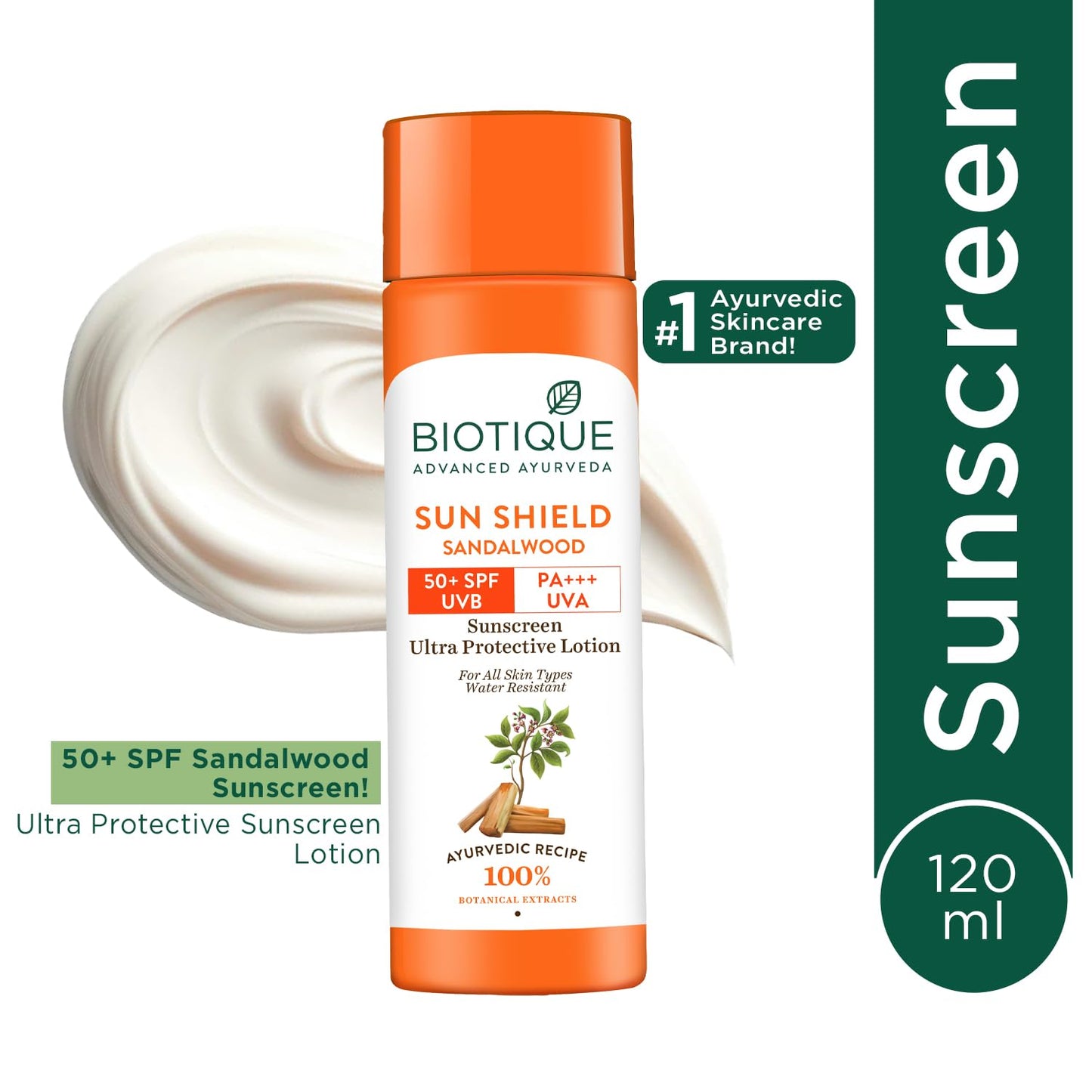 Biotique Sun Shield Sandalwood sunscreen bottle with product details on a white background