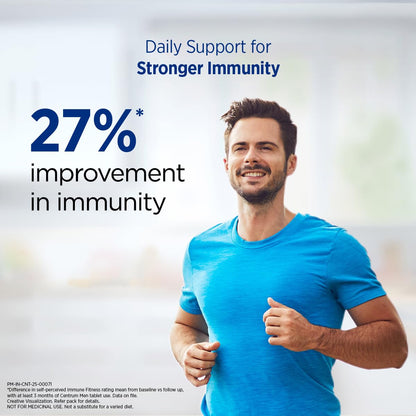 Man running with text about daily support for stronger immunity and 27% improvement.