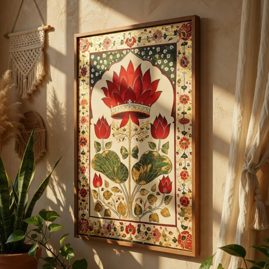 Royal Lotus Floral Wall Painting with Wooden Frame | Traditional Lotus Artwork HD UV Laminated MDF Wall Decor | Elegant Botanical Lotus Art for Living Room Bedroom Home Decor 13.5 Inch x 19.5 Inch
