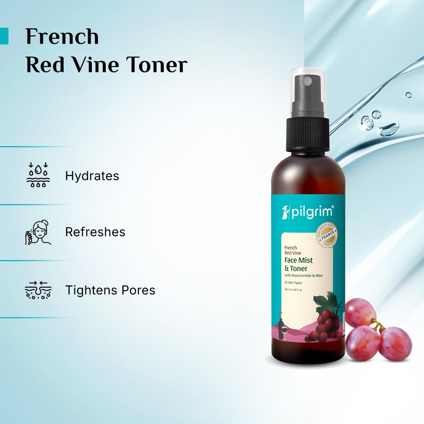 Pilgrim Alcohol Free Red Vine Face Toner Spray with Vitamin B3 and Aloe, Face Mist Spray For Anti Ageing, Glowing Skin, Dry, Oily Skin, Men & Women,100ml