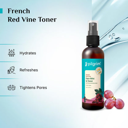 Pilgrim Alcohol Free Red Vine Face Toner Spray with Vitamin B3 and Aloe, Face Mist Spray For Anti Ageing, Glowing Skin, Dry, Oily Skin, Men & Women,100ml