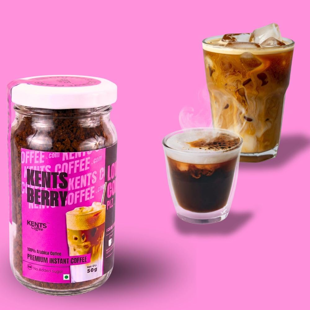 Kents Coffee Berry Delight Cappuccino – Berry Flavor | Plant-Based Instant Coffee | Rich & Creamy | Hot, Iced & Dessert Drinks | 50gm Unbreakable Glass Jar | Hot & Cold Coffee | No Added Sugar, No Artificial Flavours