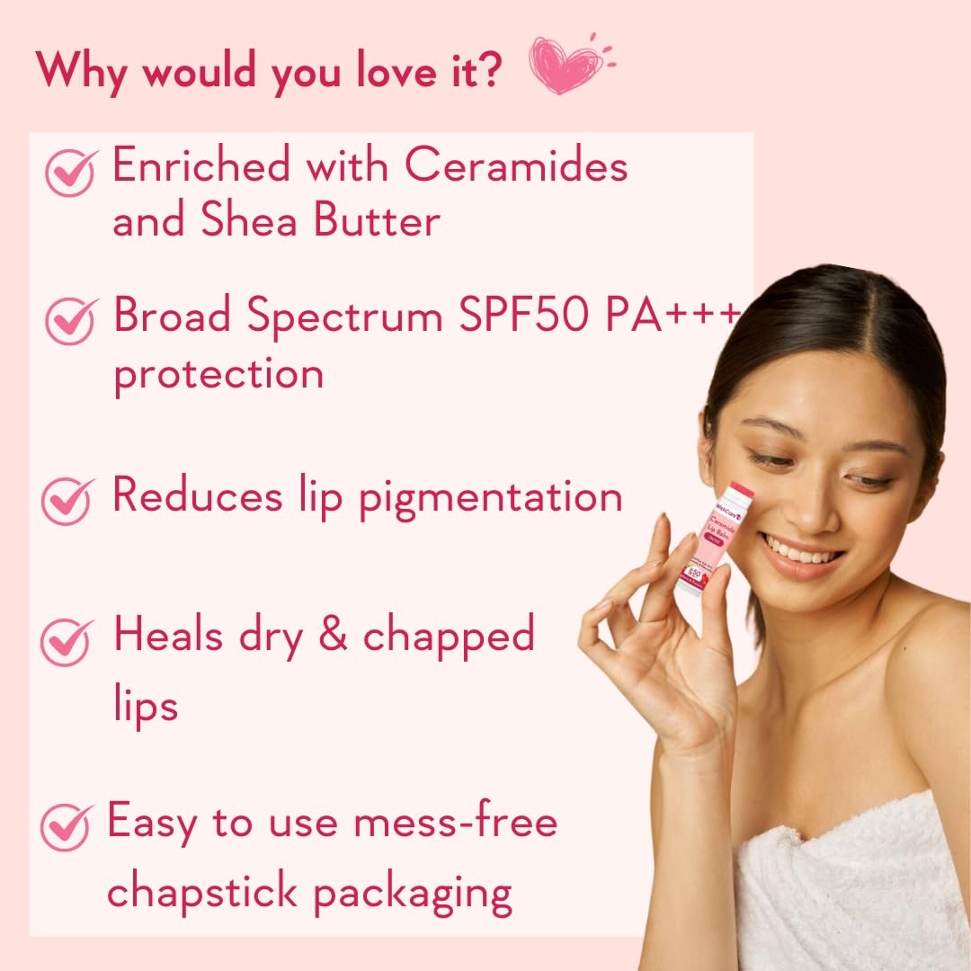 Woman holding a lip balm with product features listed on a pink background