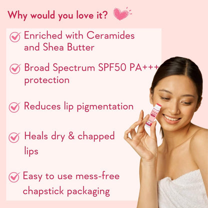 Woman holding a lip balm with product features listed on a pink background