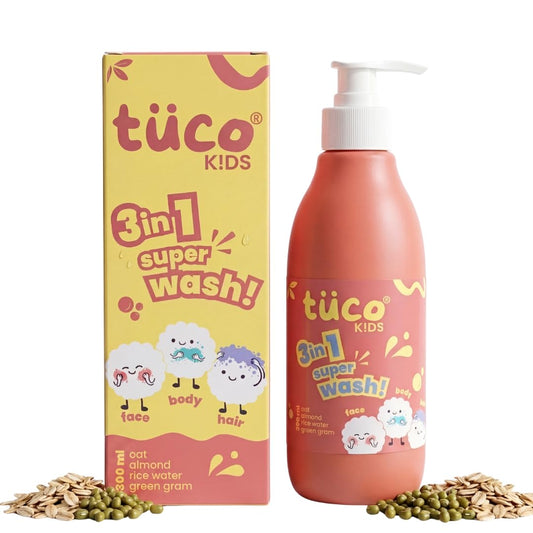 Tuco Kids 3-in-1 Head to Toe Wash, 300ml, 3-12 Years | Shampoo, Body Wash & Face Wash, Oat Extract, Rice Water, Almond Oil & Green Gram, Clinically Tested