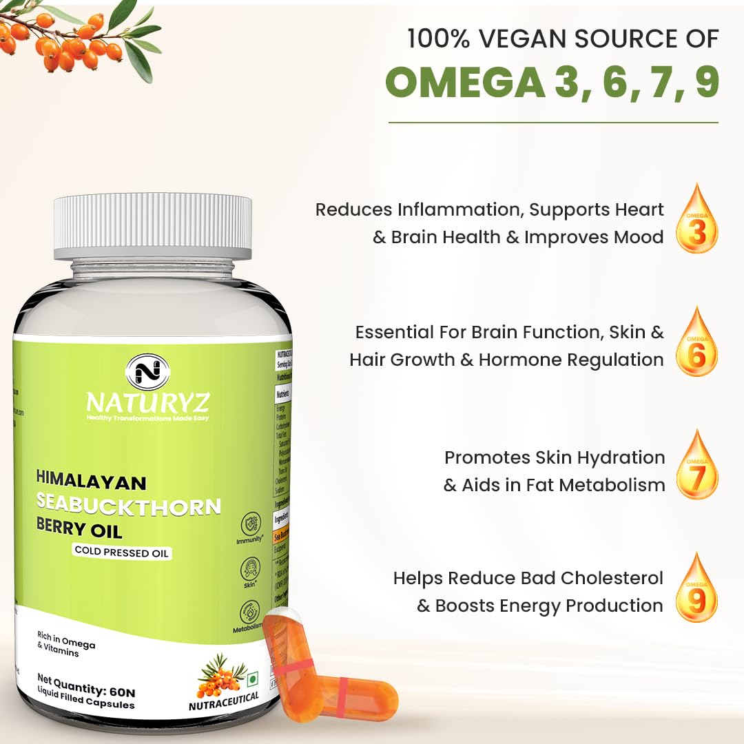 Naturyz Himalayan Seabuckthorn Berry Oil supplement bottle with health benefits listed on a beige background.