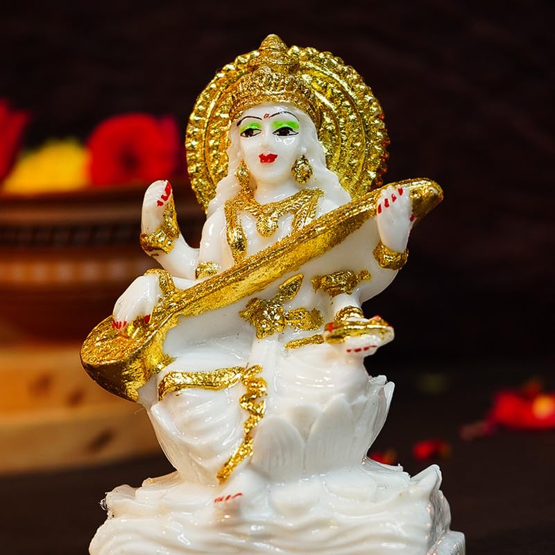 Aura Series Marble Dust Maa Saraswati Idol (5 inch) | Gold Plated Saraswati Maa Murti for Study Table, Pooja Room & Home Decor | Resin Saraswathi Devi Pital Idol | Saraswati Statue for Gifting