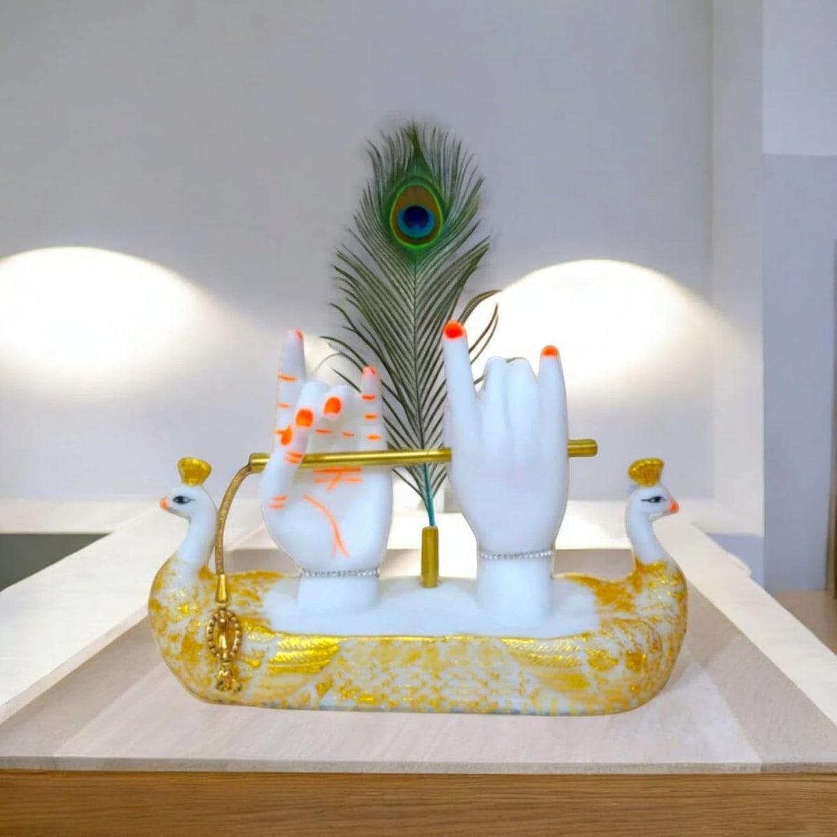 Krishna Hands with Flute Idol, Divine Hand Statue with Peacock Feather, White and Gold Decorative Figurine