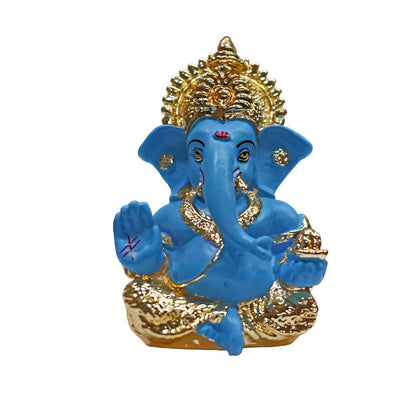 Gold Plated Lord Ganesha Idol for Home Decor Puja, Office & Home Shelves, Diwali Puja, and Gifting |Ganpati Murti Sculpture & Religious 3.5 Inches (8.89 x 5.08 cm) (Mukut Gold Blue)