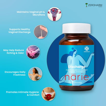ZEROHARM Narie White Discharge Capsules for Women | Nano formulated Cranberry, D-Mannose, Hibiscus & Probiotics | Vaginal Discharge Capsules | Supports pH Balance, Intimate Odour Control | 60 Capsules