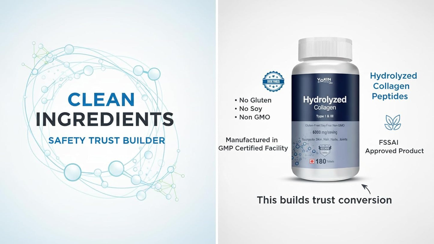 Bottle of hydrolyzed collagen peptides with certification logos on a light blue background