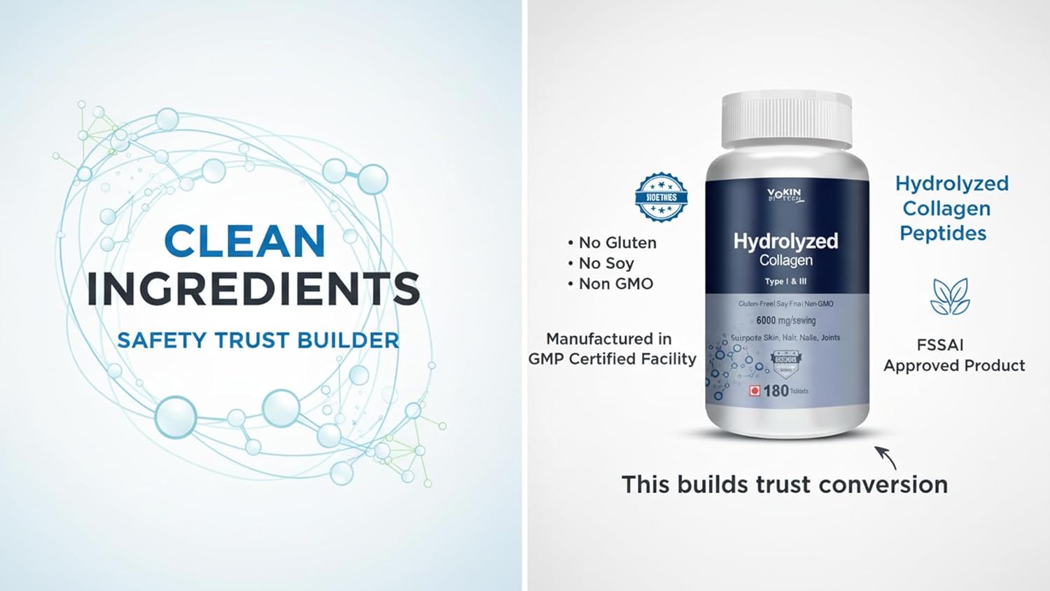 Bottle of hydrolyzed collagen peptides with certification logos on a light blue background