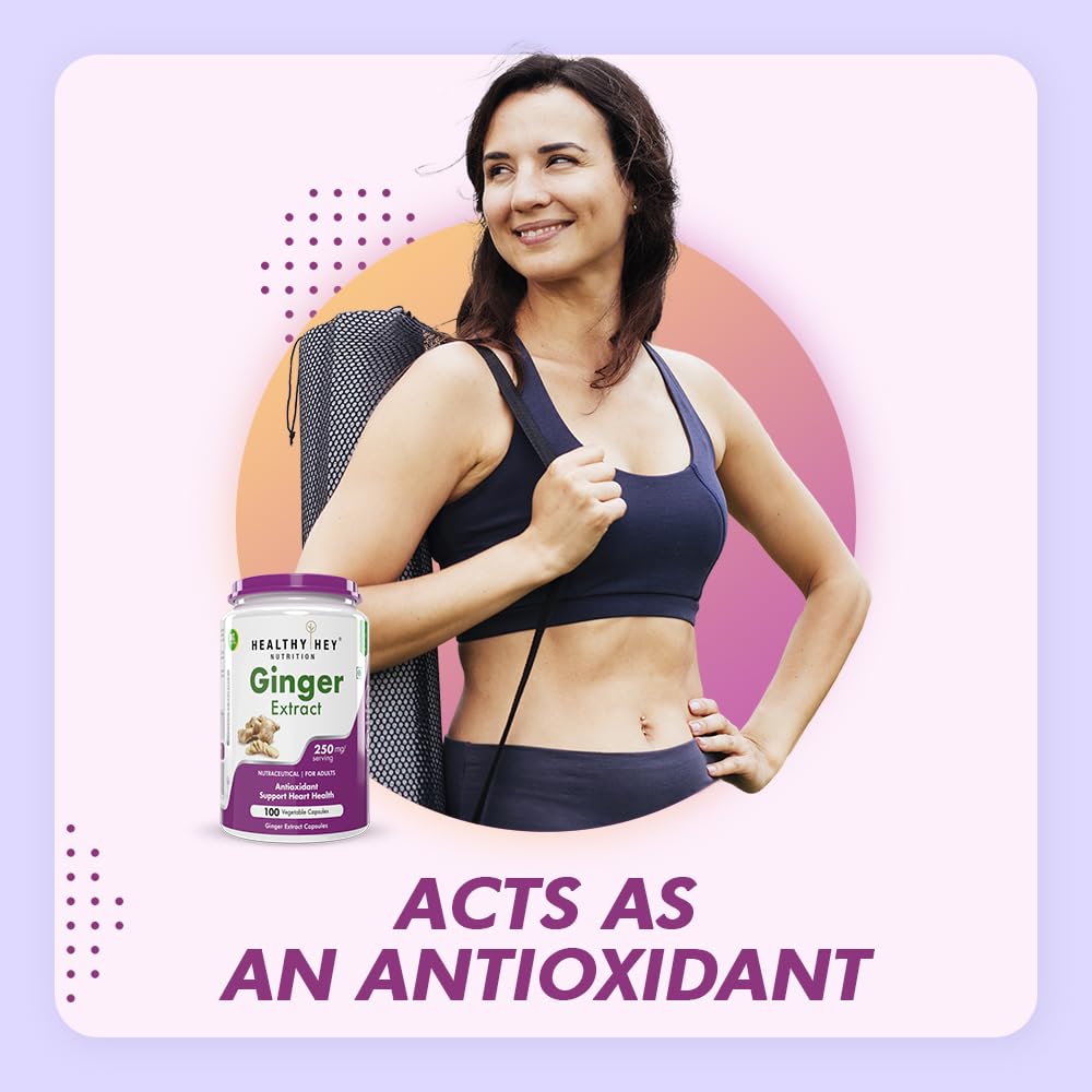 Woman in athletic wear with a supplement container, set against a colorful background with text about antioxidants.