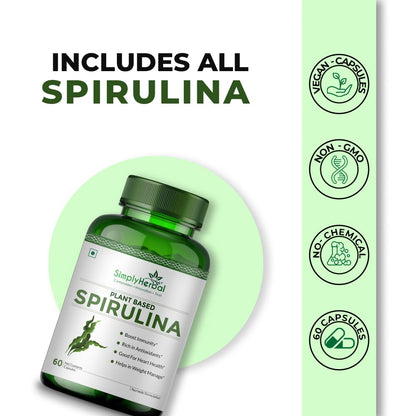 Simply Herbal Spirulina Capsules for Immunity | Natural Super Food and Nutritional Supplement | Green Food for Good Health Weight Management and Immunity Booster – 60 Capsules