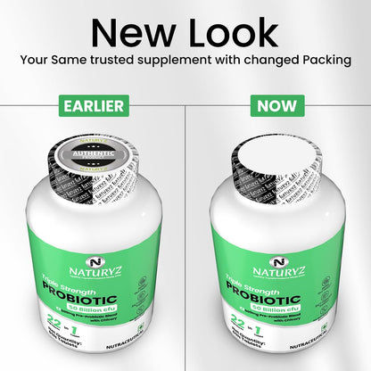 Two bottles of Naturyz Probiotic with a 'New Look' comparison on a white background.