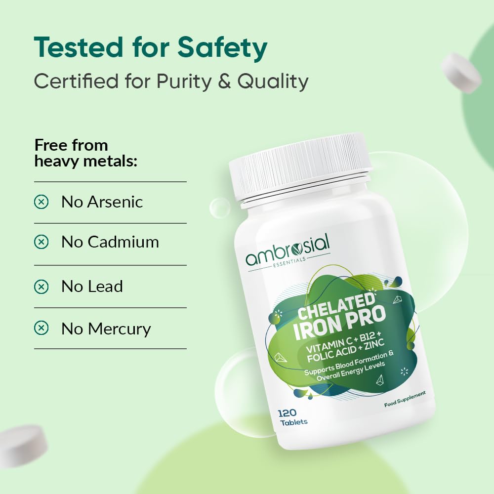 Ambrosial Chelated Iron Pro supplement bottle with safety certification details on a green background