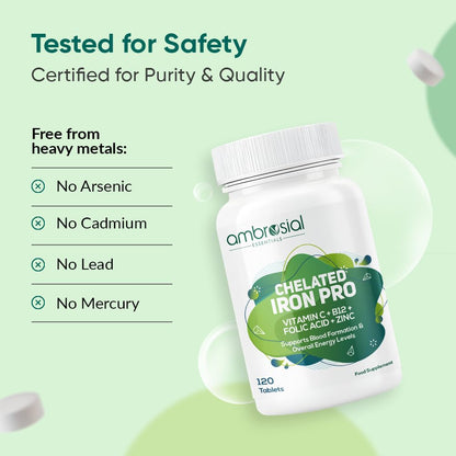 Ambrosial Chelated Iron Pro supplement bottle with safety certification details on a green background