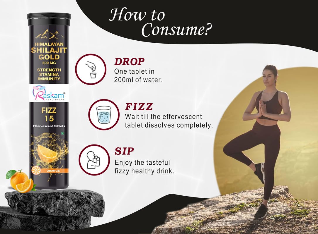 Instructions on how to consume Himalayan Shilajit Gold and Raskant Fizz 15 with a woman in a yoga pose.