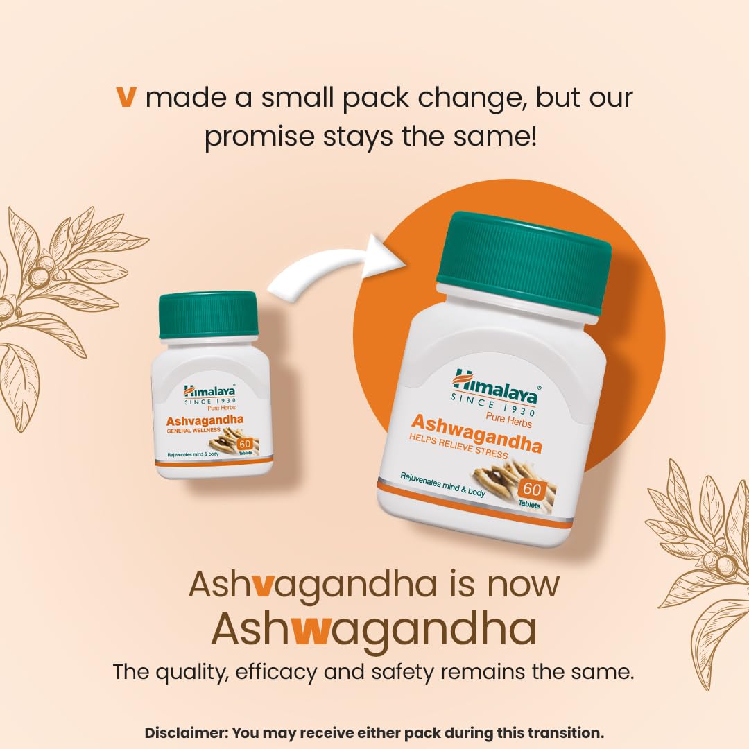 Himalaya Ashvagandha supplement bottles with text about packaging change on a beige background
