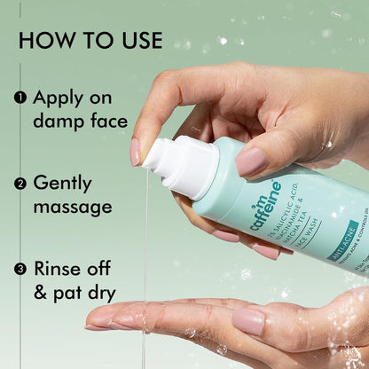 Hand holding a skincare product with instructions on how to use it against a green background
