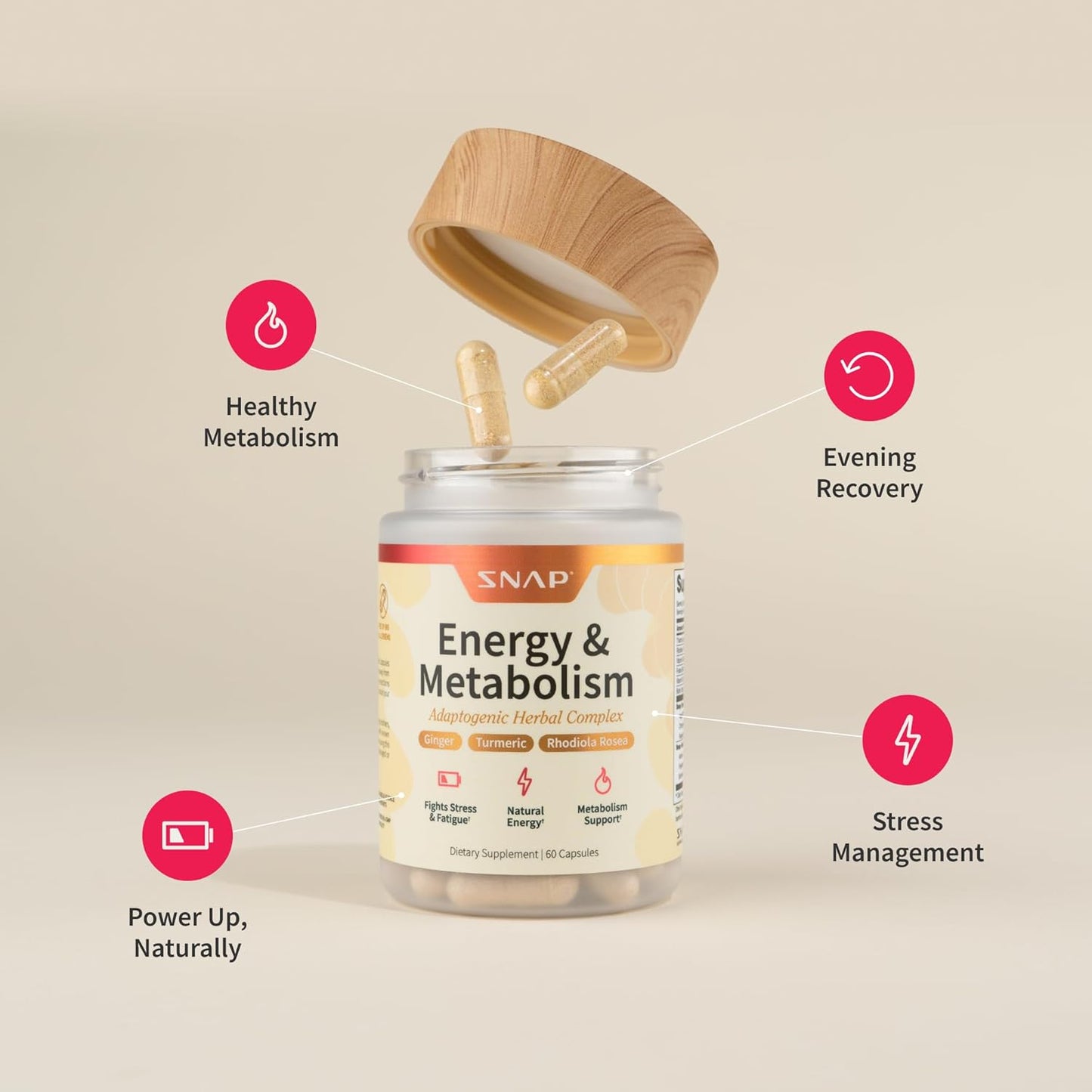 SNAP Energy & Metabolism supplement bottle with capsules and text on a beige background