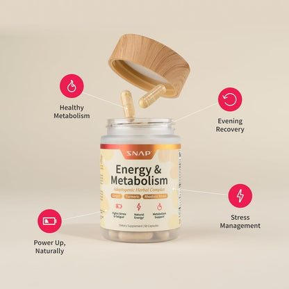 SNAP Energy & Metabolism supplement bottle with capsules and text on a beige background