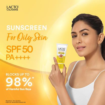 Lacto Calamine sunscreen for oily skin with SPF 50 on a yellow background