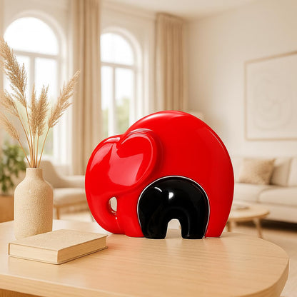 Home Décor Lucky Charm Elephant Mother & Child | Piano Finish Ceramic Figures - (Set of 2 Piece, Red and Black)