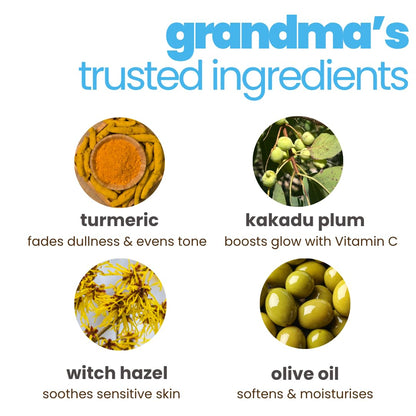 Illustration of 'grandma's trusted ingredients' with images and descriptions of turmeric, kakadu plum, witch hazel, and olive oil.