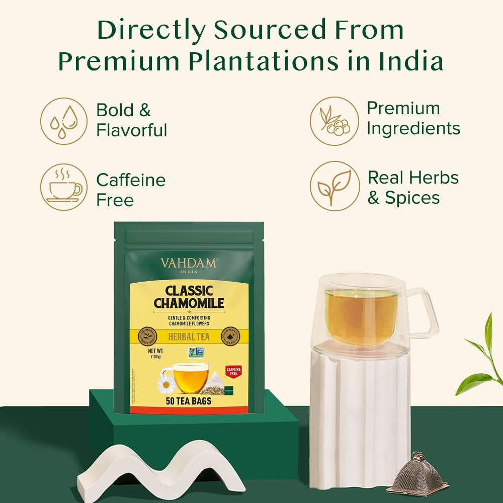 VAHDAM, Chamomile Infusion Bags (50 Count) | Caffeine Free, Non-GMO | Botanical Tisane – Sweet & Floral | Resealable Ziplock Pouch