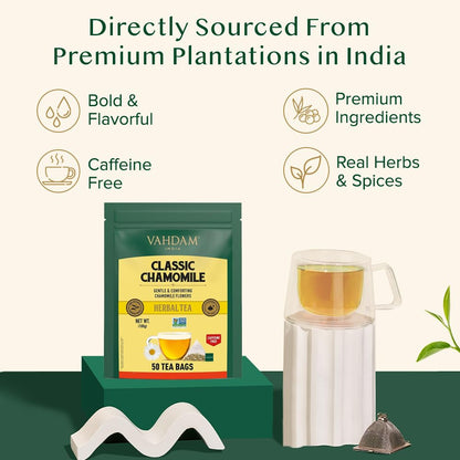 VAHDAM, Chamomile Infusion Bags (50 Count) | Caffeine Free, Non-GMO | Botanical Tisane – Sweet & Floral | Resealable Ziplock Pouch