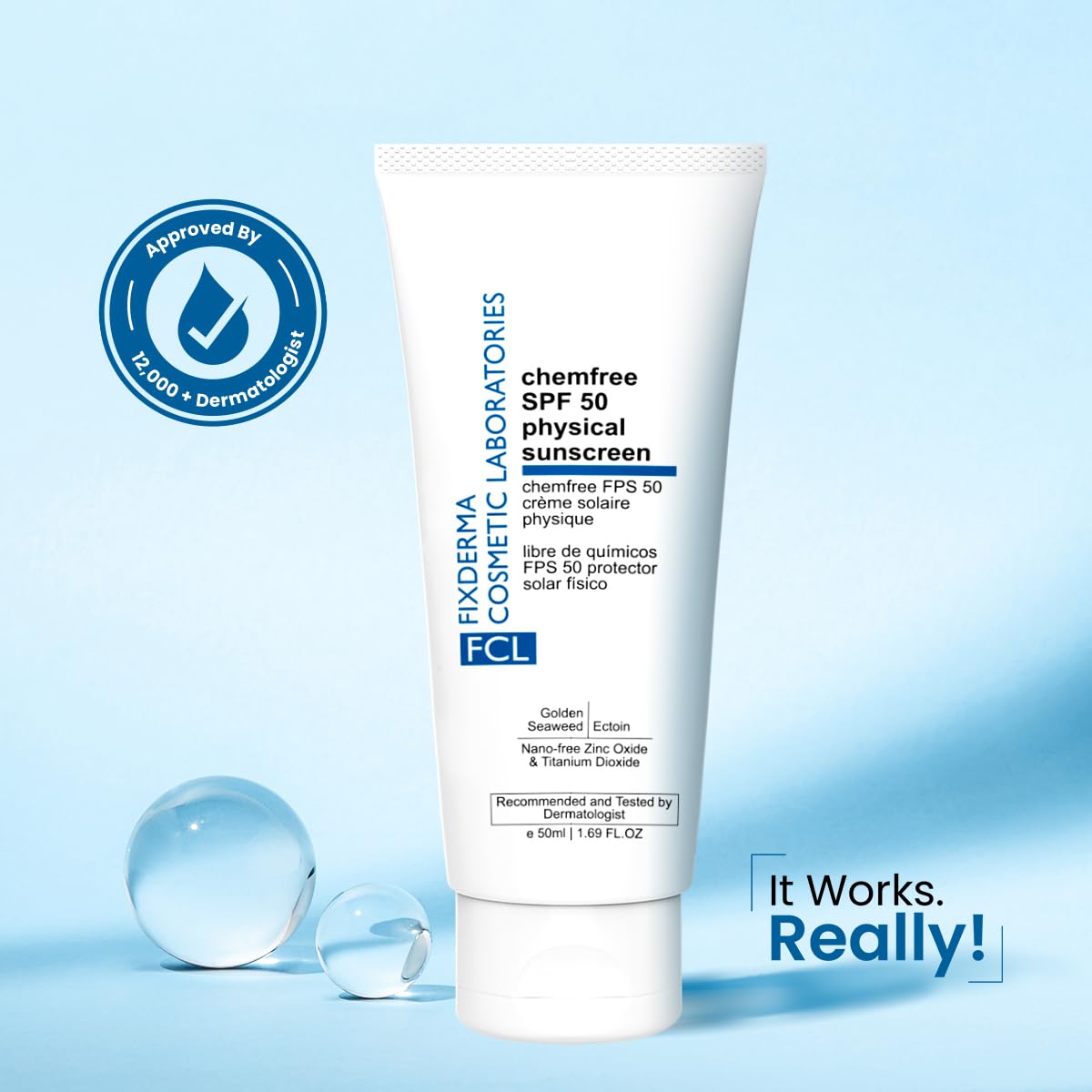 FCL Chemfree Physical Mineral Sunscreen SPF 50 | Sunscreen For Body & Face | Moisturizer For Acne Prone Skin | Sun Screen Protector SPF 50 | Mineral Sunscreen - 50ml