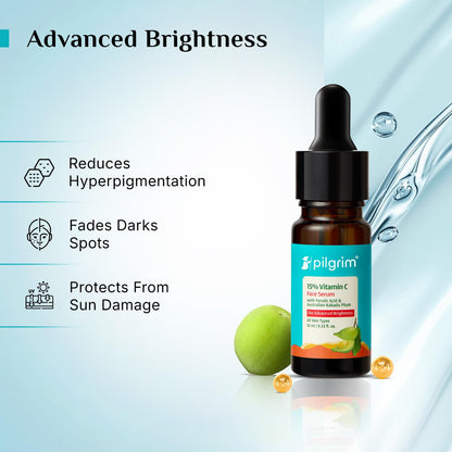 Pilgrim 15% Vitamin C Serum 10ml for Glowing Skin with Ferulic Acid & Kakadu Plum | Advanced Dark Spot Corrector, Hyperpigmentation & Brightening Face Serum | For All, Combination, Normal Skin