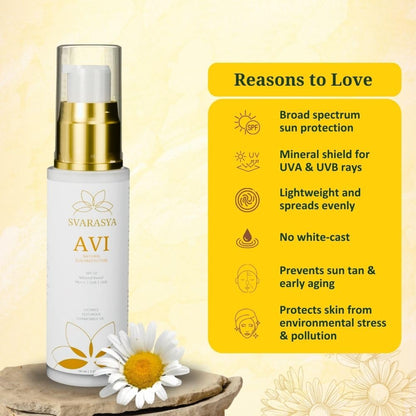 SVARASYA AVI Mineral Sunscreen SPF 50 Pa+++ | 50ml Sunscreen with Zinc Oxide & Titanium Dioxide | UVA, UVB Sun Protection | Lightweight Sun Cream for Men & Women | For Dry & Oily Skin | All Skin types