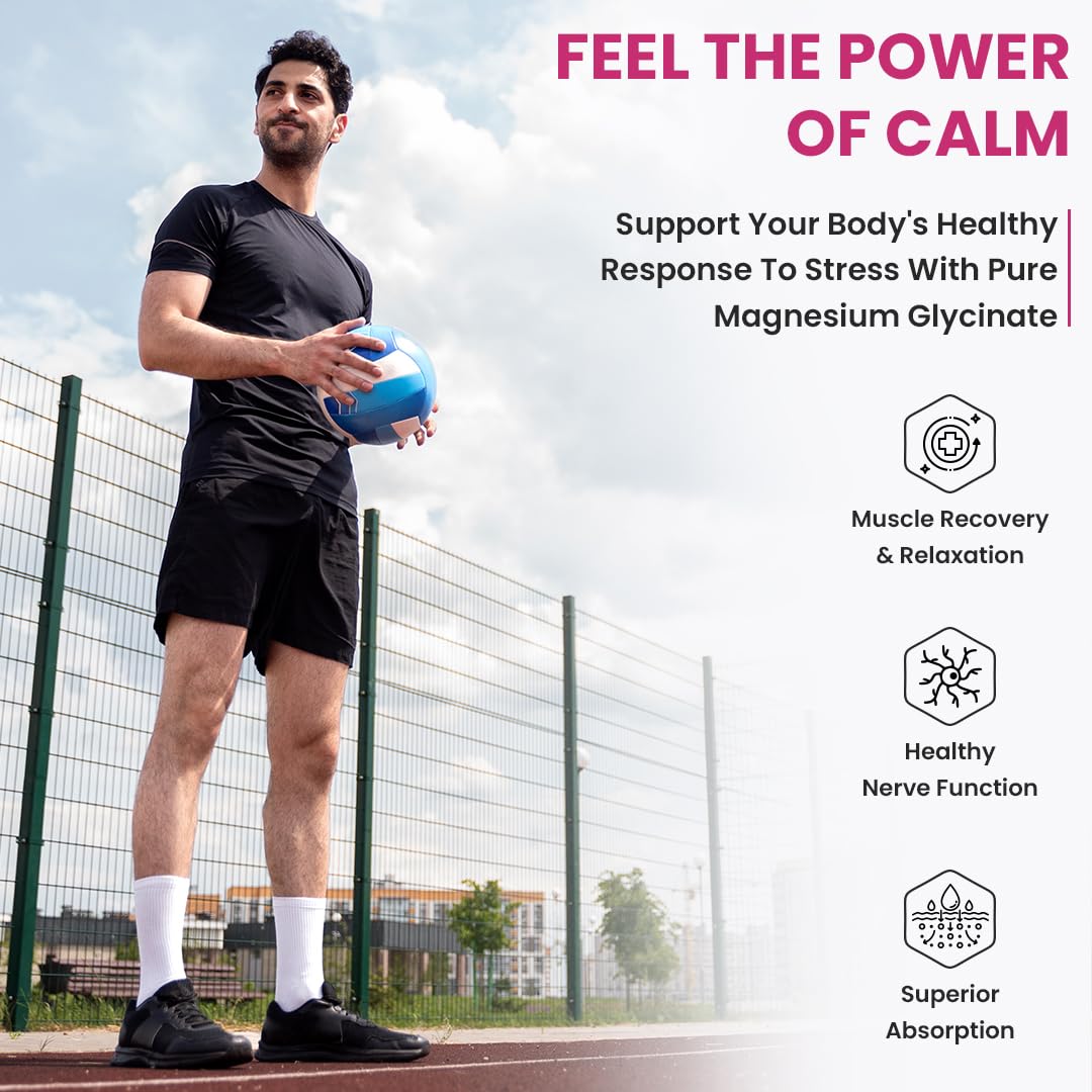 Man holding a blue ball outdoors with text about magnesium glycinate benefits.