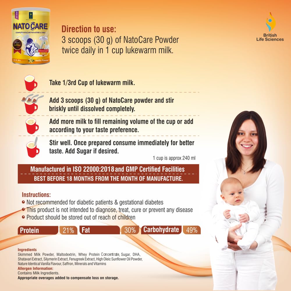 NatoCare powder packaging with usage instructions and a woman holding a baby.