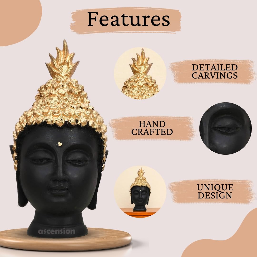 Resin Buddha Head Statue (Golden, 13.5 cm X 6.5 cm) - Decorative Buddha Idol Showpiece for Home Living Room Office Pooja Room Table Decoration Gifts Figurine Showpiece