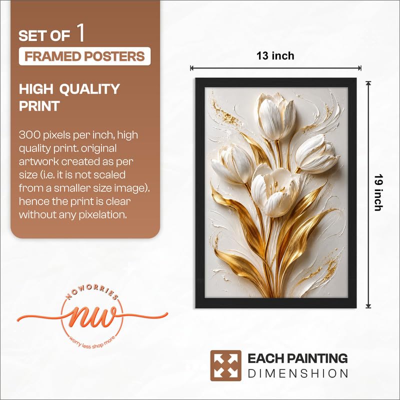 Floral Botanical Wall Painting with Frame | Premium Textured Flower & Leaf Artwork, Pastel Nature Wall Decor Framed for Living Room Bedroom Office and Home Decoration (Art-19,13x19inch)