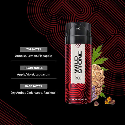 Wild Stone Red deodorant spray with fragrance notes on a black and red patterned background