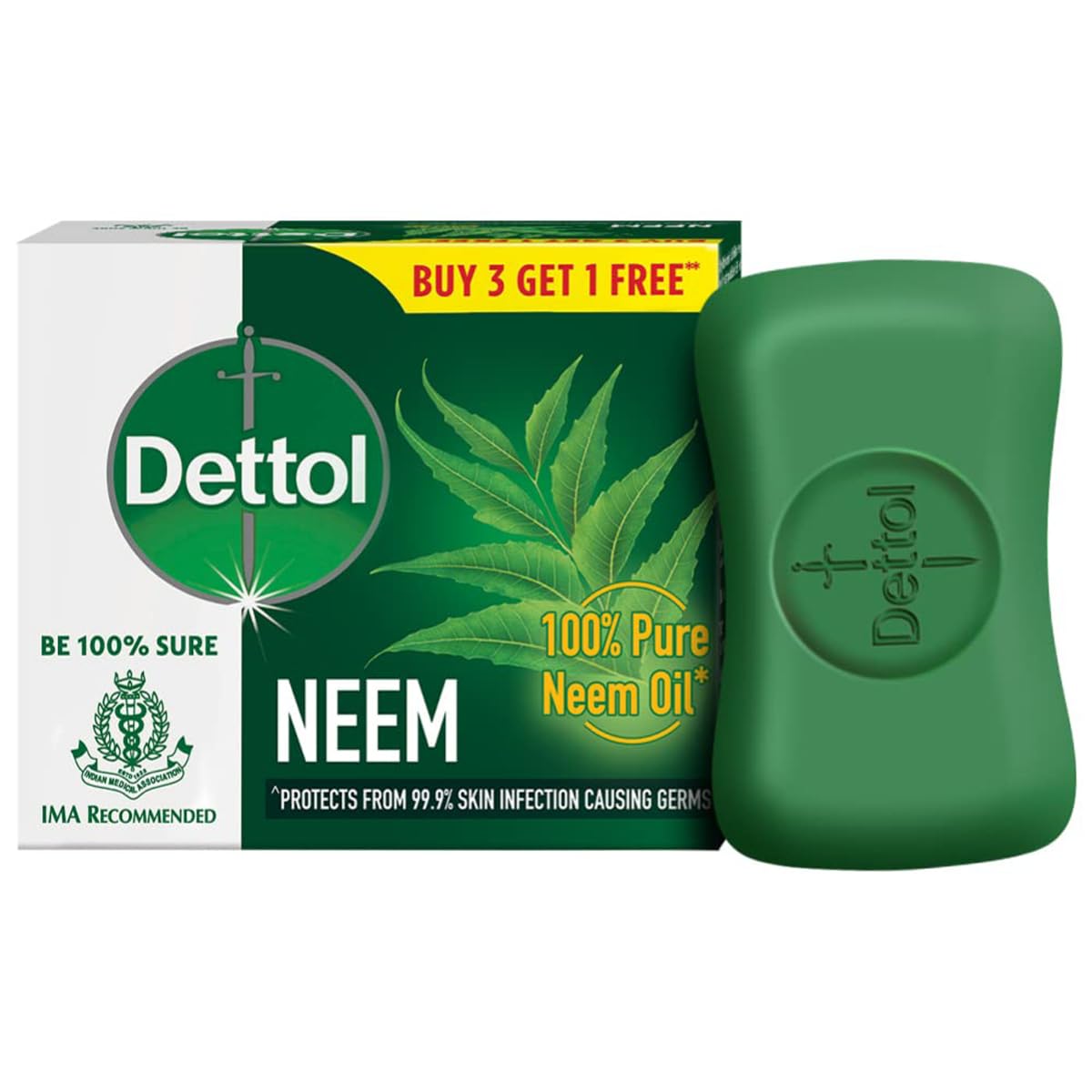 Dettol Neem soap bar and packaging on a white background