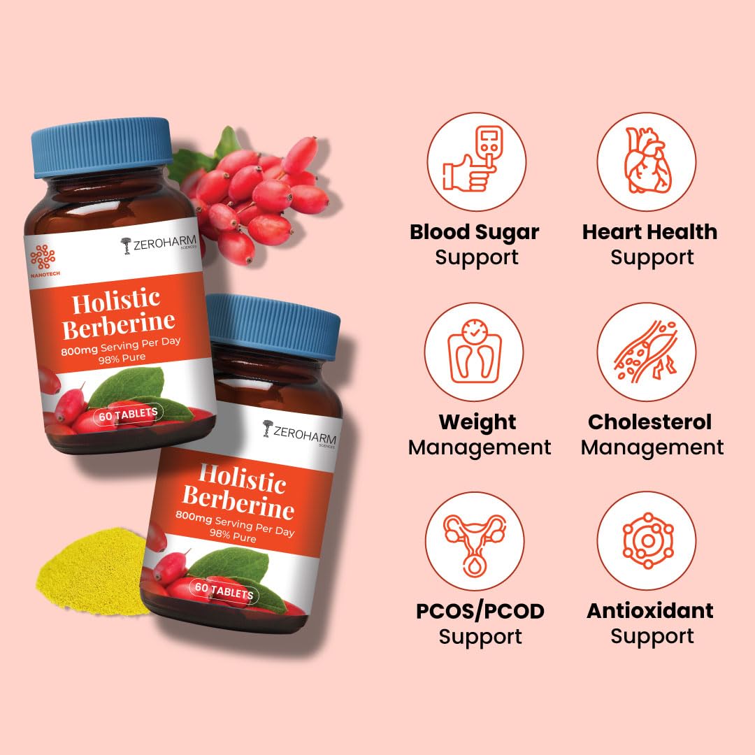ZEROHARM Holistic Nano Berberine Supplement 98% Pure | Plant-based Berberine Tablets with 800mg per serving | Supports Blood Sugar, Metabolism, Cholesterol Levels & Hormonal Balance | 60 Tablets